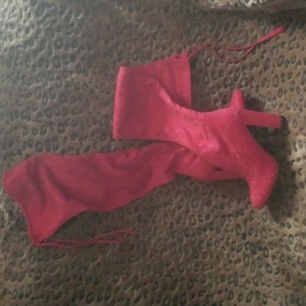 Red heeled over knee boot
